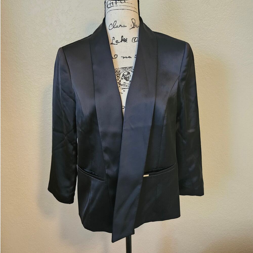 Black Satin Anne Klien Open Jacket, Pockets, Fully Lined, Medium